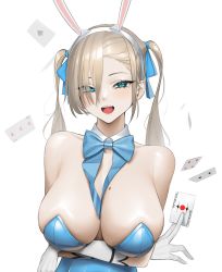 Rule 34 | 1girl, absurdres, animal ears, asuna (blue archive), asuna (bunny) (blue archive), bad id, bad pixiv id, bare shoulders, blue archive, blue bow, blue bowtie, blue eyes, blue leotard, blue ribbon, blush, bow, bowtie, breasts, card, cleavage, detached collar, fake animal ears, gloves, hair over one eye, hair ribbon, highres, large breasts, leotard, long hair, looking at viewer, mole, mole on breast, norunollu, open mouth, platinum blonde hair, playboy bunny, rabbit ears, ribbon, simple background, solo, twintails, white background, white gloves