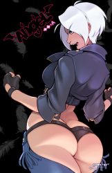 Rule 34 | angel (kof), black background, boots, breasts, chaps, cowboy boots, cropped jacket, fingerless gloves, from behind, full body, gloves, hair over one eye, highres, its just suppi, jacket, large breasts, leather, leather jacket, snk, the king of fighters, the king of fighters 2001, the king of fighters xiv, toned, white hair