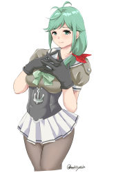 Rule 34 | 1girl, anchor, antenna hair, black gloves, black pantyhose, commentary request, corset, cowboy shot, gloves, green eyes, green hair, green neckwear, hair over shoulder, highres, kamikitayotsuba, kantai collection, long hair, matsu (kancolle), one-hour drawing challenge, own hands clasped, own hands together, pantyhose, pleated skirt, sailor collar, sailor shirt, school uniform, serafuku, shirt, simple background, skirt, smile, solo, twitter username, white background, white sailor collar, white skirt, zipper pull tab