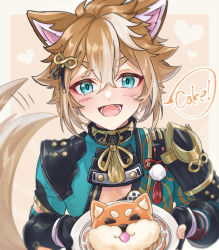 Rule 34 | 1boy, :d, animal ears, aqua eyes, armor, black collar, black gloves, blush, border, brown background, brown hair, cake, collar, commentary request, crop top, dog boy, dog ears, dog tail, eyeshadow, fang, fingerless gloves, food, genshin impact, gloves, gorou (genshin impact), hair between eyes, hair ornament, heart, highres, holding, holding plate, igote, japanese armor, japanese clothes, looking at viewer, makeup, male focus, mizuamememe, motion lines, multicolored hair, open mouth, outside border, paw print, plate, pom pom (clothes), red eyeshadow, short hair, shoulder armor, sidelocks, smile, sode, solo, speech bubble, streaked hair, tail, tail wagging, tassel, teeth, thick eyebrows, two-tone hair, upper body, white border, white hair