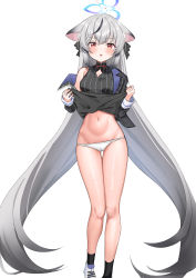 Rule 34 | 1girl, :o, absurdres, animal ear fluff, animal ears, black dress, black hair, blue archive, blush, breasts, cameltoe, clothes lift, crossed bangs, dress, dress lift, grey hair, halo, hatsuno xxx, highres, jacket, kokona (blue archive), legs, lifting own clothes, long hair, looking at viewer, multicolored hair, navel, panties, red eyes, shoes, sidelocks, small breasts, socks, solo, streaked hair, striped clothes, striped dress, sweat, thigh gap, thighs, underwear, white background, white panties