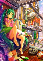 Rule 34 | 1girl, air conditioner, barefoot, couch, crazypen, cushion, earbuds, earphones, feet on chair, green eyes, green hair, hatsune miku, highres, indoors, long hair, matching hair/eyes, sitting, slippers, solo, teruterubouzu, twintails, very long hair, vocaloid, window