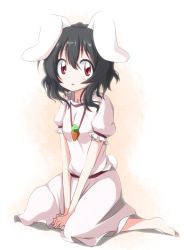 Rule 34 | 1girl, animal ears, black hair, blush, bwell, carrot, carrot necklace, dress, highres, inaba tewi, jewelry, looking at viewer, necklace, open mouth, pendant, rabbit ears, rabbit girl, rabbit tail, red eyes, short hair, simple background, sitting, solo, tail, touhou, wariza