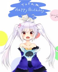 Rule 34 | 1girl, absurdres, animal, animal on head, cat, cat on head, collarbone, dress, fangs, frilled dress, frills, hair ornament, happy birthday, heart, heart hair ornament, highres, long hair, long sleeves, looking at viewer, on head, open mouth, original, purple dress, seboneko, silver hair, smile, strapless, strapless dress, twintails, yellow eyes