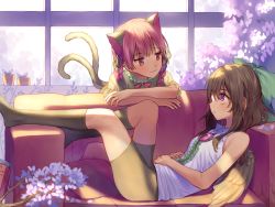 Rule 34 | 2girls, :3, animal ears, backlighting, bad id, bad pixiv id, bare arms, bike shorts, black legwear, black ribbon, black wings, bow, brown hair, cannon, cat ears, cat tail, closed mouth, commentary request, couch, day, eye contact, feathered wings, green bow, hair bow, hair ribbon, indoors, kaenbyou rin, korean commentary, leaning forward, long hair, looking at another, lying, misha (hoongju), multiple girls, multiple tails, no shoes, on back, on couch, petals, plant, potted plant, red bow, red eyes, red hair, reiuji utsuho, ribbon, shirt, short sleeves, sleeveless, sleeveless shirt, smile, tail, third eye, touhou, two tails, white shirt, window, wings