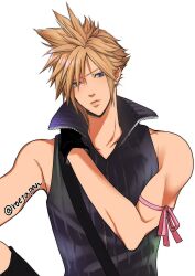 Rule 34 | 1boy, arm ribbon, bare shoulders, black gloves, blonde hair, blue eyes, closed mouth, cloud strife, collarbone, final fantasy, final fantasy vii, final fantasy vii advent children, gloves, hair between eyes, hand on own shoulder, highres, looking at viewer, male focus, popped collar, red ribbon, ribbed shirt, ribbon, roejapan, shirt, short hair, shoulder strap, sleeveless, sleeveless shirt, solo, spiked hair, toned, toned male, twitter username, upper body, white background, zipper