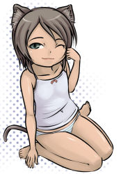 Rule 34 | :3, animal ears, bad id, bad pixiv id, barefoot, brown hair, camisole, character request, child, green eyes, kneeling, one eye closed, panties, short hair, solo, source request, striped clothes, striped panties, sujiko, tail, underwear, wink