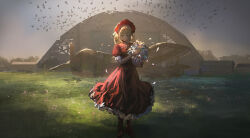 Rule 34 | 1girl, abandoned, aircraft, airplane, bird, blonde hair, boots, closed mouth, day, dress, expressionless, flower, headdress, highres, holding, holding flower, looking at viewer, original, outdoors, qosic, red dress, red headwear, scenery