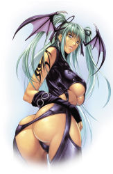 Rule 34 | 1girl, aqua hair, ass, ass cutout, bat wings, blue eyes, breasts, butt crack, capcom, chaps, clothing cutout, cropped, demon girl, earrings, green hair, hair ribbon, head wings, highres, homare (fool&#039;s art), huge ass, jewelry, large breasts, leather, long hair, looking at viewer, looking back, monster girl, morrigan aensland, revision, ribbon, simple background, solo, standing, tattoo, thighs, thong, twintails, underboob, underboob cutout, vampire (game), very long hair, wings