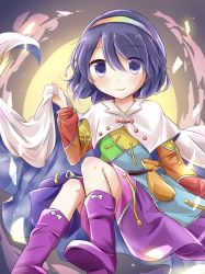 Rule 34 | 1girl, blue eyes, blue hair, boots, cape, dress, hairband, headband, highres, holding, holding cape, holding clothes, moon, multicolored clothes, multicolored dress, multicolored hairband, night, night sky, patchwork clothes, pointing, pointing up, puchimirin, rainbow gradient, red button, sky, solo, tenkyuu chimata, touhou, two-sided cape, two-sided fabric, white cape