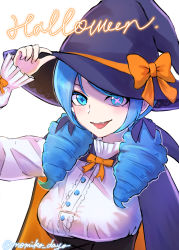 Rule 34 | 1girl, alternate costume, black hat, blouse, blue hair, drill hair, fang, gwen (league of legends), hat, highres, league of legends, shirt, solo, twin drills, white shirt, witch hat