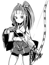 Rule 34 | 10s, 1girl, arrow (projectile), bow (weapon), greyscale, headband, japanese clothes, kantai collection, ken (koala), long hair, monochrome, ponytail, solo, weapon, white background, zuihou (kancolle)