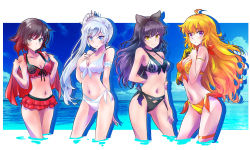 Rule 34 | 4girls, absurdres, ahoge, arm behind back, arm strap, bikini, bikini skirt, black bow, black hair, blake belladonna, blonde hair, blue eyes, blue sky, bow, breasts, cape, capelet, cleavage, closed mouth, cloud, cloudy sky, commentary request, contrapposto, flame print, floral print, frilled bikini, frills, grey eyes, hair bow, halterneck, highres, holding, holding cape, holding clothes, holding own arm, iesupa, large breasts, looking at viewer, medium breasts, multicolored hair, multiple girls, navel, prosthesis, prosthetic arm, purple eyes, red hair, rose print, ruby rose, rwby, side-tie bikini bottom, sky, smile, snowflake print, stomach, swimsuit, two-tone hair, wading, water, wavy mouth, weiss schnee, white hair, yang xiao long, yellow eyes