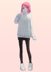 1girl, absurdres, black legwear, blue eyes, blue hair, eyebrows visible through hair, eyes visible through hair, highres, knit sweater, multicolored, multicolored hair, original, pantyhose, parted lips, pink hair, shirt, short hair, sleeves past fingers, sleeves past wrists, smile, solo, sparkling eyes, standing, sweater, teeth, turtleneck, turtleneck sweater, white footwear, white shirt, white sweater, yoon cook