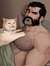 Rule 34 | 1boy, animal, bara, beard, body hair, cat, cat on person, chest hair, covering privates, dopey (dopq), facial hair, graves (league of legends), grumpy cat, highres, large pectorals, league of legends, looking at viewer, lying, male focus, manly, meme, muscular, nipples, nude cover, pectorals, raised eyebrow, simple background, solo, topless male, woman yelling at cat (meme)