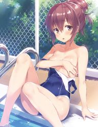 Rule 34 | 1girl, absurdres, areola slip, bare legs, bare shoulders, barefoot, blue one-piece swimsuit, breasts, brown eyes, brown hair, chain-link fence, clothes pull, covered navel, covering privates, covering breasts, cropped, day, dengeki moeou, detexted, fence, hair between eyes, hair bun, highres, leaning back, looking at viewer, lossy-lossless, non-web source, one-piece swimsuit, one-piece swimsuit pull, outdoors, parted lips, pool ladder, poolside, single hair bun, sitting, small breasts, soaking feet, solo, strap slip, swimsuit, third-party edit, wet, wet hair, yuuki hagure