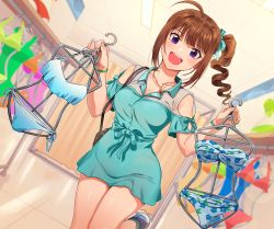 Rule 34 | 1girl, :d, ahoge, bikini, unworn bikini, blue bikini, blue bow, blue dress, blue nails, blush, bow, brown hair, clothes hanger, clothes shop, clothing cutout, collared dress, commentary request, dress, drill hair, dutch angle, floral print, hair bow, halterneck, hands up, holding, idolmaster, idolmaster million live!, idolmaster million live! theater days, indoors, jewelry, kamille (vcx68), looking at viewer, nail polish, necklace, open mouth, print bikini, purple eyes, shopping, short hair, short sleeves, shoulder cutout, side-tie bikini bottom, side ponytail, smile, solo, standing, standing on one leg, swimsuit, wristband, yokoyama nao