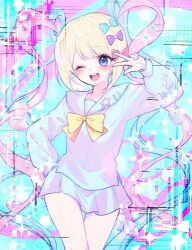 Rule 34 | 1girl, arm up, blonde hair, blue background, blue bow, blue eyes, blue hair, blue serafuku, blue shirt, blue skirt, bow, chouzetsusaikawa tenshi-chan, commentary request, cowboy shot, dol 030, glitch, hair bow, hair ornament, hand on own hip, heart, heart hair ornament, long hair, long sleeves, looking at viewer, multicolored hair, multiple hair bows, needy girl overdose, open mouth, pink bow, pink hair, pleated skirt, purple bow, quad tails, school uniform, serafuku, shirt, skirt, smile, solo, sparkle, standing, w over eye, yellow bow