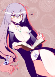 Rule 34 | 1girl, alternate breast size, alternate hairstyle, arm warmers, bare shoulders, bespectacled, book, breasts, brown eyes, cleavage, cowboy shot, earrings, female focus, glasses, hair ornament, hitotose rin, jewelry, long hair, memento (sennen sensou aigis), musical note, navel, aged up, open book, panties, purple hair, quaver, reading, sennen sensou aigis, solo, underwear