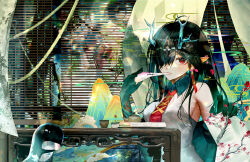 Rule 34 | 1girl, absurdres, arknights, bare shoulders, black hair, breasts, c1718259, chinese commentary, collared shirt, commentary request, dragon girl, dragon horns, dusk (arknights), eating, food, green horns, highres, horns, long hair, looking at viewer, looking to the side, medium breasts, mochi, necktie, pointy ears, red eyes, red necktie, shirt, sleeveless, sleeveless shirt, solo, table, white shirt