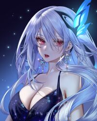 Rule 34 | 1girl, absurdres, alternate costume, bare shoulders, breasts, butterfly hair ornament, cleavage, dress, earrings, genshin impact, grey hair, hair ornament, highres, jewelry, large breasts, long hair, looking at viewer, open mouth, ringeko-chan, shiny clothes, skirk (genshin impact), solo, teeth, upper body, upper teeth only, very long hair
