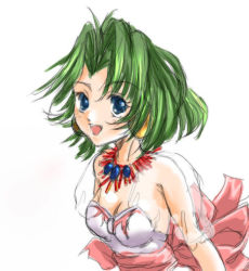 Rule 34 | 1990s (style), 1girl, ahoge, armpits, blue eyes, bow, earrings, ellis (toushinden), green hair, happy, jewelry, leotard, looking at viewer, necklace, open mouth, retro artstyle, ribbon, see-through, see-through sleeves, short hair, simple background, sketch, solo, toushinden, white background, white leotard