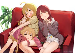Rule 34 | 3girls, absurdres, ahoge, blonde hair, blush, breast rest, breasts, breasts on head, brown hair, brown jacket, brown shorts, brown sweater, closed eyes, commentary request, couch, facing viewer, futaba anzu, green eyes, hair between eyes, hands up, highres, hood, hood down, hooded jacket, hoshii miki, idolmaster, idolmaster (classic), idolmaster cinderella girls, idolmaster shiny colors, jacket, large breasts, light brown hair, long hair, long sleeves, multiple girls, off shoulder, on couch, one eye closed, open clothes, open jacket, open mouth, osaki tenka, parted lips, pink jacket, plant, puffy short sleeves, puffy sleeves, shirt, short shorts, short sleeves, shorts, simple background, sleeves past wrists, smile, stuffed animal, stuffed rabbit, stuffed toy, suzuki puramo, sweater, twitter username, very long hair, white background, white shirt