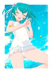 Rule 34 | 1girl, :d, ^ ^, antennae, aqua hair, bare shoulders, blush, border, casual one-piece swimsuit, close-up, closed eyes, cloud, cloudy sky, commentary, day, earrings, frilled swimsuit, frills, hagoromo lala, hair ornament, heart, highres, jewelry, leg up, navel, ocean, one-piece swimsuit, open mouth, outdoors, outside border, pointy ears, precure, seicoh, short hair, sky, smile, solo, splashing, star (symbol), star earrings, star twinkle precure, swimsuit, water, white border, white one-piece swimsuit