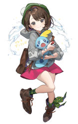 Rule 34 | 1girl, absurdres, ankle boots, bad id, bad twitter id, bag, boots, brown bag, brown eyes, brown footwear, brown hair, chyoel, closed mouth, creatures (company), full body, game freak, gen 8 pokemon, gloria (pokemon), green headwear, green legwear, grey hoodie, hat, highres, holding, holding poke ball, hood, hoodie, long sleeves, looking at viewer, matching hair/eyes, medium hair, miniskirt, nintendo, pink skirt, poke ball, poke ball (basic), pokemon, pokemon (creature), pokemon swsh, short hair, shoulder bag, simple background, skirt, smile, sobble, socks, translation request, white background