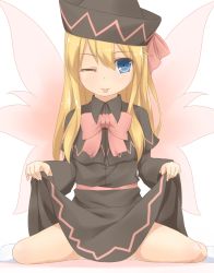 Rule 34 | 1girl, black dress, blonde hair, blue eyes, bow, capelet, clothes lift, dress, dress lift, female focus, hat, lily black, lily white, long hair, one eye closed, sakurea, sash, sitting, smile, solo, spread legs, tongue, tongue out, touhou, wariza, wink