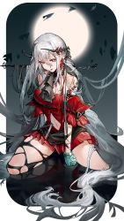 Rule 34 | 1girl, absurdres, arknights, bare shoulders, clothing cutout, commentary request, detached sleeves, dress, hair between eyes, heishanlong, highres, long hair, looking at viewer, moon, navel, no headwear, red dress, red eyes, short dress, silver hair, sitting, skadi (arknights), skadi the corrupting heart (arknights), smile, solo, stomach cutout, thighs, very long hair