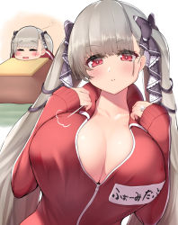 Rule 34 | 1girl, azur lane, black ribbon, blunt bangs, breasts, closed mouth, collarbone, commentary request, doyagao, formidable (azur lane), grey hair, hair ribbon, head tilt, highres, huge breasts, jacket, jewelry, kotatsu, long hair, long sleeves, looking at viewer, multiple views, ornate ring, red eyes, red jacket, ribbon, ring, smile, smug, table, track jacket, twintails, unzipped, ushimittsu, very long hair, wedding ring, zipper