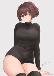 Rule 34 | 1girl, alternate costume, black panties, black sweater, black thighhighs, blush, breasts, brown eyes, brown hair, commentary request, grey background, hair ribbon, highres, ise (kancolle), kantai collection, large breasts, long sleeves, panties, ponytail, red ribbon, ribbed legwear, ribbed sweater, ribbon, rin (rin niji), simple background, smile, solo, sweater, thighhighs, twitter username, underwear