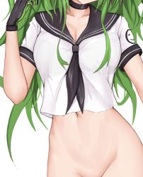 Rule 34 | 1girl, absurdres, bad id, bad twitter id, black choker, black gloves, black sailor collar, bottomless, bra visible through clothes, breasts, choker, cleavage, collarbone, commentary request, crop top, crop top overhang, franz (217franz), girls&#039; frontline, gloves, green hair, groin, hand up, head out of frame, highres, hip bones, large breasts, long hair, m950a (ace on duty) (girls&#039; frontline), m950a (girls&#039; frontline), navel, neckerchief, official alternate costume, out-of-frame censoring, sailor collar, school uniform, see-through, serafuku, short sleeves, solo, stomach, upper body, white background