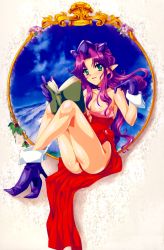 1girl absurdres angela_(seiken_densetsu_3) ass book boots breasts cleavage female_focus gloves green_eyes highres large_breasts legs leotard long_hair pointy_ears purple_hair scan seiken_densetsu seiken_densetsu_3 solo tamiya_akito