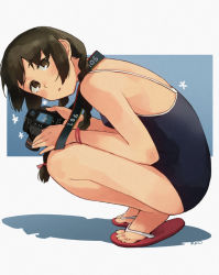 Rule 34 | 1girl, blue one-piece swimsuit, blush, braid, breasts, brown eyes, brown hair, camera, competition school swimsuit, hair ribbon, holding, holding camera, isonami (kancolle), kantai collection, long hair, makio (makiomeigenbot), one-piece swimsuit, open mouth, ribbon, sandals, school swimsuit, shadow, signature, simple background, small breasts, solo, squatting, swimsuit, twin braids, two-tone background