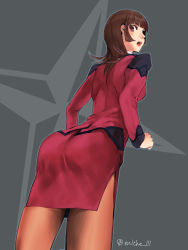 Rule 34 | 1girl, active raid, ass, blush, breasts, brown hair, formal, grey background, highres, kazari asami, lips, long hair, open mouth, pantyhose, pink eyes, skirt, skirt suit, solo, suit, uniform
