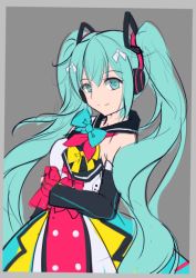 Rule 34 | 1girl, aqua bow, aqua bowtie, bad id, bad pixiv id, bare shoulders, beret, border, bow, bowtie, closed mouth, detached sleeves, dress, grey background, grey border, hair ribbon, halter dress, halterneck, hat, hatsune miku, headphones, long hair, long sleeves, looking at viewer, magical mirai (vocaloid), magical mirai miku, magical mirai miku (2018), multicolored clothes, multicolored dress, pink bow, qingye ling, ribbon, simple background, smile, solo, twintails, unfinished, upper body, very long hair, vocaloid, white ribbon, yellow bow