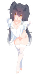 Rule 34 | 1girl, black hair, blush, bottomless, breasts, crossed legs, detached sleeves, fang, full body, highres, kz oji, leaning forward, long hair, open mouth, original, pointy ears, shirt, simple background, skin fang, skindentation, slit pupils, small breasts, smile, solo, standing, thigh gap, thighhighs, toeless legwear, toes, twintails, watson cross, white background, white shirt, white thighhighs, yellow eyes