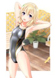 Rule 34 | 1girl, absurdres, arms behind head, bench, black one-piece swimsuit, blonde hair, blurry, blurry background, breasts, competition swimsuit, covered navel, cowboy shot, gray swimsuit, grey one-piece swimsuit, hair bobbles, hair ornament, hairband, high school fleet, highres, medium hair, multicolored clothes, multicolored swimsuit, one-piece swimsuit, open mouth, plant, potted plant, purple hair, small breasts, solo, standing, swimsuit, takafumi, wakasa reo, white hairband