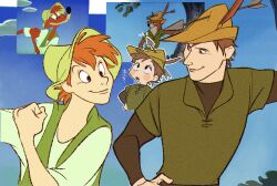 Rule 34 | 2boys, arrow (projectile), black eyes, blue sky, blush stickers, br&#039;er fox (disney), brown hair, brown hat, brown shirt, chibi, chibi inset, clenched hand, derivative work, green tunic, green vest, hand on own hip, hat, hat feather, highres, humanization, male focus, multiple boys, orange hair, parted lips, reference inset, robin hood (disney), robin hood (disney) (character), screenshot redraw, shirt, short hair, sky, song of the south, translation request, uochandayo, vest, white shirt