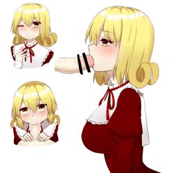 Rule 34 | 1boy, 1girl, blonde hair, blush, breasts, censored, collared dress, collared shirt, cum, cum in mouth, curly hair, disembodied penis, dress, drooling, elly (touhou), embarrassed, facial, facing viewer, fellatio, from side, full-face blush, hand up, highres, large breasts, long sleeves, looking at viewer, medium hair, multiple views, neck ribbon, one eye closed, oral, penis, pointless censoring, pov, pov crotch, profile, puffy long sleeves, puffy sleeves, red dress, red ribbon, ribbon, saliva, shirt, sidelocks, tears, toaruroku, touhou, touhou (pc-98), veins, veiny penis, wince, yellow eyes