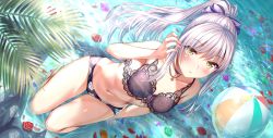 Rule 34 | 1girl, aldehyde, ball, bang dream!, bare shoulders, barefoot, beachball, bikini, blurry, blurry foreground, blush, bow, breasts, choker, cleavage, commentary request, day, grey hair, groin, hair bow, hair ornament, hand up, highres, jewelry, kneeling, long hair, looking at viewer, medium breasts, minato yukina, navel, necklace, outdoors, palm leaf, partially submerged, petals, ponytail, purple bikini, purple bow, ripples, skindentation, smile, solo, stomach, sunlight, swimsuit, water, yellow eyes