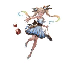 Rule 34 | 10s, 1girl, bag, bare shoulders, blonde hair, blue eyes, bracelet, dice, dress, flower, full body, gradient hair, granblue fantasy, green hair, hair flower, hair ornament, handbag, high heels, holding, io (granblue fantasy), jewelry, long hair, looking at viewer, minaba hideo, multicolored hair, necklace, official art, open mouth, short dress, sleeveless, smile, solo, transparent background, twintails