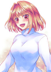Rule 34 | 1girl, arcueid brunestud, blonde hair, breasts, commentary request, large breasts, lo lis, long sleeves, medium hair, open mouth, red eyes, shirt, smile, solo, tsukihime, turtleneck, upper body, white shirt