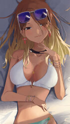 Rule 34 | 1girl, absurdres, bare arms, bare shoulders, bed, bikini, black choker, blonde hair, blush, bracelet, breasts, brown eyes, choker, cleavage, closed mouth, collarbone, earrings, eyewear on head, front-tie bikini top, front-tie top, gem, glasses, gold, gold bracelet, gold necklace, gradient hair, gyaru, hair over one eye, half-closed eyes, hand on own chin, highres, idolmaster, idolmaster shiny colors, izumi mei, jewelry, kogal, large breasts, light smile, lips, long bangs, long hair, looking at viewer, lying, mismatched bikini, multicolored hair, nail polish, navel, necklace, nofakeuk, on back, on bed, one eye covered, side-tie bikini bottom, smile, solo, sunglasses, swimsuit, tan