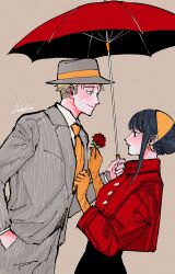 Rule 34 | 1boy, 1girl, adooble, black hair, blonde hair, brown background, commentary, earrings, fedora, flower, formal, green eyes, grey headwear, grey suit, hairband, hand in pocket, hat, height difference, highres, holding, holding flower, holding umbrella, husband and wife, jacket, jewelry, necktie, orange hairband, orange necktie, red eyes, red jacket, sidelocks, signature, smile, spy x family, striped clothes, striped jacket, striped suit, suit, twilight (spy x family), umbrella, yor briar