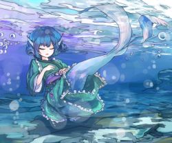 Rule 34 | 1girl, bad id, bad pixiv id, blue hair, bubble, closed eyes, dress, drill hair, fins, frills, gradient background, green dress, head fins, japanese clothes, kimono, long sleeves, mermaid, monster girl, nori (stak819), obi, open mouth, ribbon, sash, short hair, solo, touhou, underwater, wakasagihime, wide sleeves