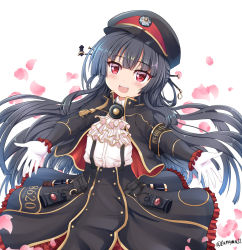 Rule 34 | 1girl, :d, armband, ascot, black hair, black hat, black jacket, black skirt, collared shirt, commentary request, dress shirt, frilled skirt, frilled sleeves, frills, gloves, hachiroku (maitetsu), hair ornament, hat, highres, jacket, long hair, long sleeves, looking at viewer, maitetsu, open clothes, open jacket, open mouth, peaked cap, petals, red eyes, shirt, simple background, skirt, smile, solo, suspender skirt, suspenders, tamayan, teeth, twitter username, upper teeth only, very long hair, white ascot, white background, white gloves, white shirt