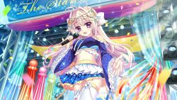 Rule 34 | 1girl, ahoge, blonde hair, blue skirt, concert, confetti, dot nose, dress, film grain, from below, fukinagashi, game cg, glint, hair intakes, holding, holding microphone, izumi tsubasu, jewelry, layered skirt, long hair, microphone, midriff, mole, mole under each eye, mole under eye, multiple moles, non-circular lens flare, non-web source, off-shoulder dress, off shoulder, official art, open mouth, purple eyes, re:stage!, reaching, reaching towards viewer, screen, shiratori amaha (re:stage!), skirt, smile, solo, sparkle, stage, tanabata, thighhighs, white skirt, white thighhighs, zettai ryouiki